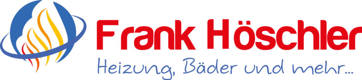 Logo von Frank H&ouml;schler: stilisierte Flamme in Blau und Orange neben dem Schriftzug &bdquo;Heizung, B&auml;der und mehr&ldquo;.