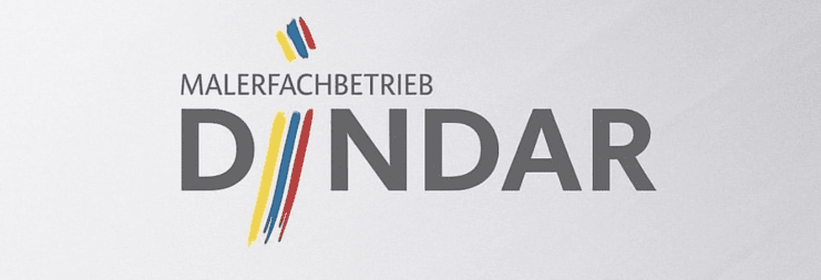 Logo des Malerfachbetriebs DINDAR mit bunten Farbstreifen und grauer Schrift auf hellem Hintergrund.
