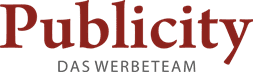 Logo von Publicity, das Werbeteam; Schriftzug in Rot und Schwarz auf hellem Hintergrund.