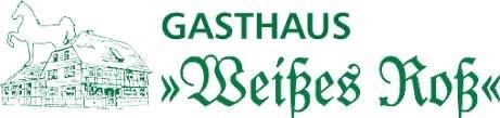 Logo des Gasthauses „Weißes Roß“ mit einer Pferde-Silhouette über einem traditionellen Gebäude.
