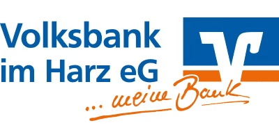 Logo der Volksbank im Harz eG mit dem Slogan „... meine Bank“ in orange Schriftzug.