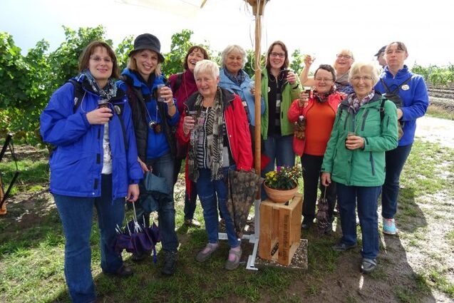 Gruppe von zehn Frauen in bunten Jacken, die in einem Weinberg stehen und Getr&auml;nke halten.
